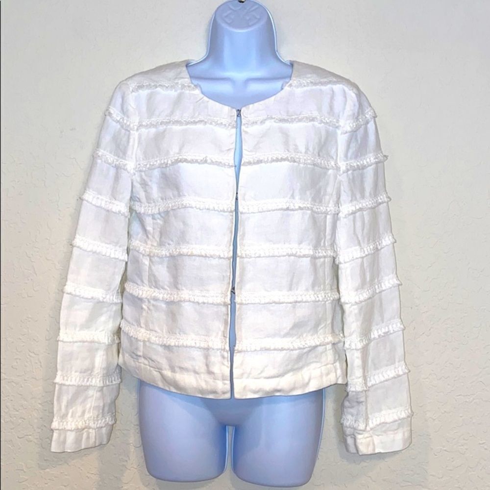 120% Lino White Fringe Jacket Hook & Eye Closure Size 6 - Picture 3 of 16